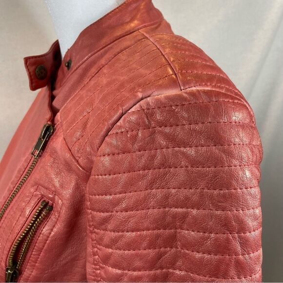 Guess Pink/Red Faux Leather Moto Jacket with Asymmetrical Zipper Size Small - Picture 13 of 15